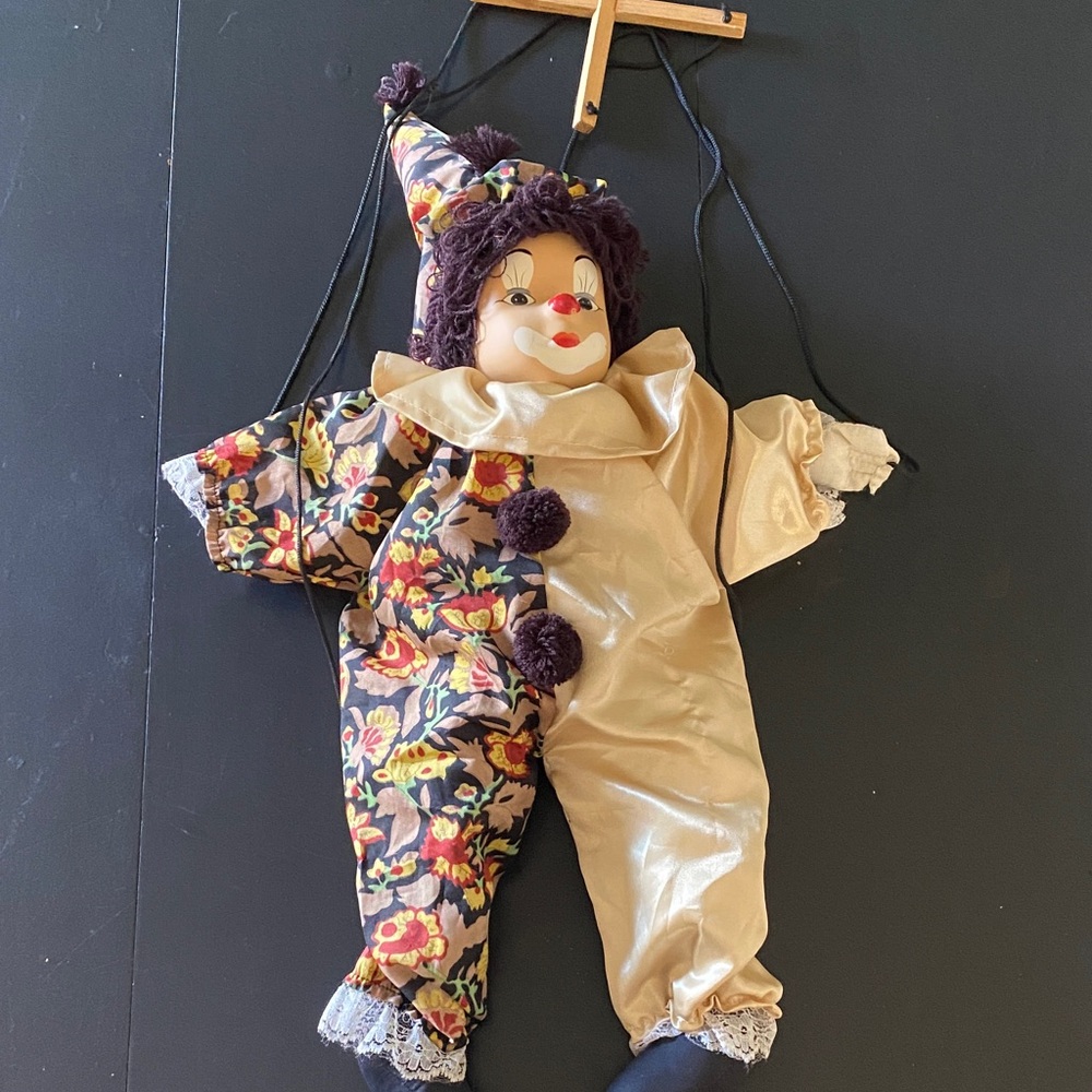 Porcelain head Plush Clown Marionette Puppet - Gold and Floral